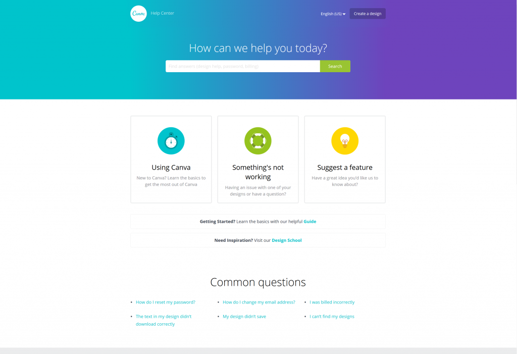 An Example of a great Help Center design using good colors, UX, and icons